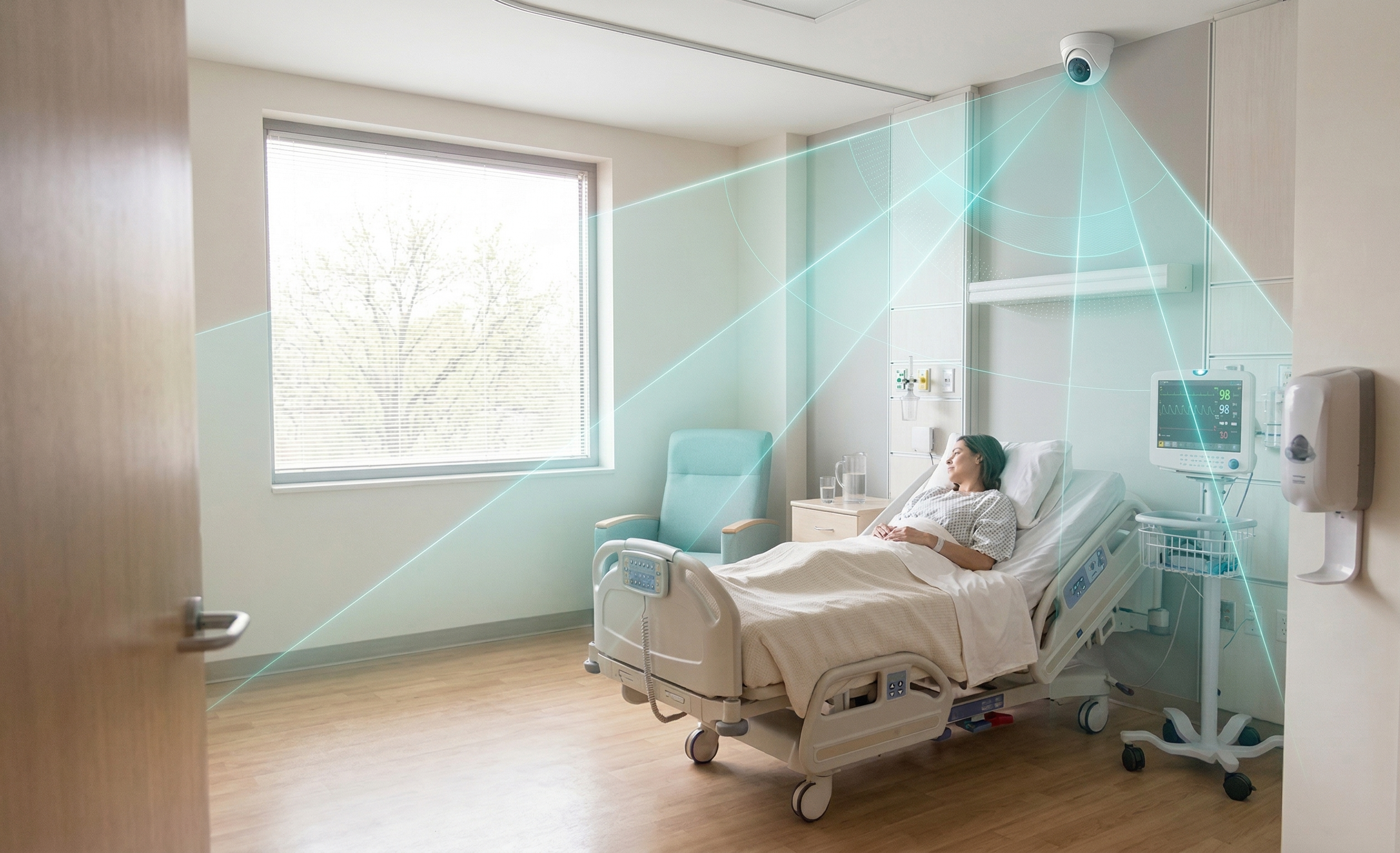 Quarto hospitalar monitorado por câmera CCTV com IA